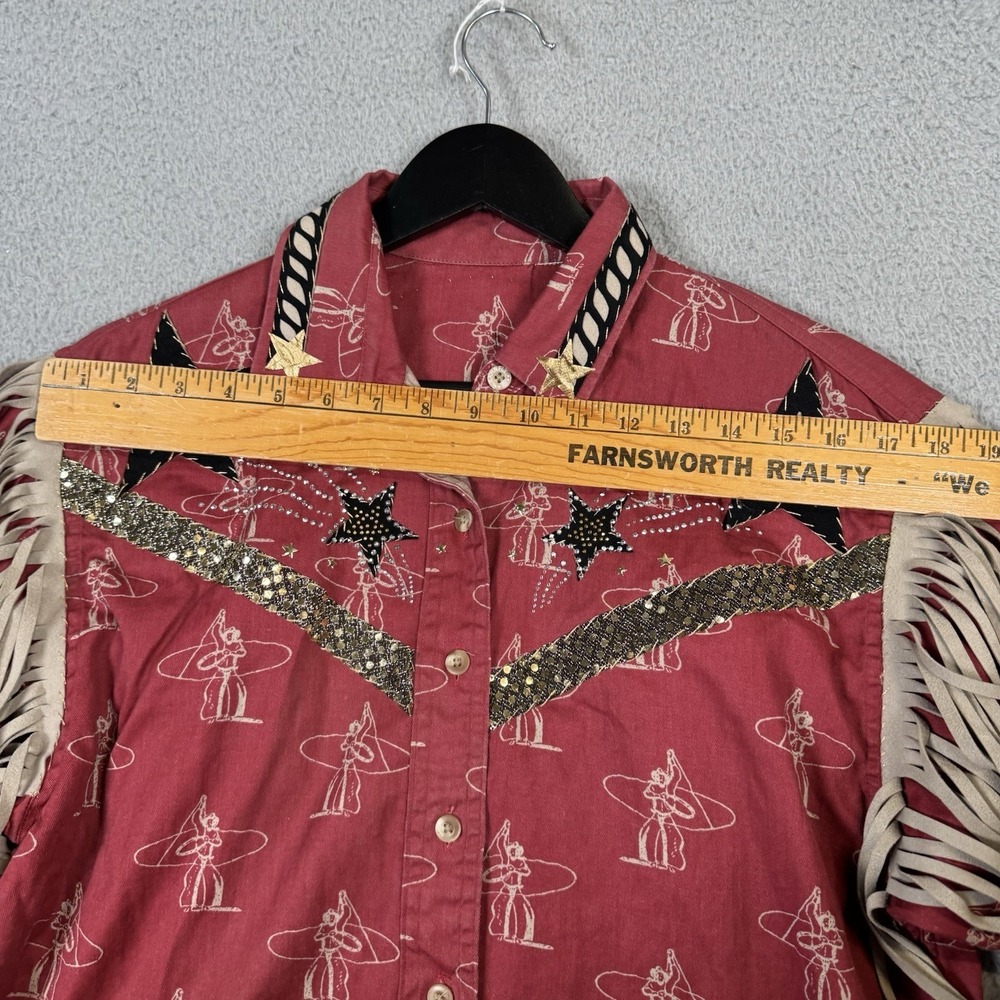Barn Fly Shirt Womens Medium Western Rodeo Fringe Rockabilly Hand Made Art AOP - Picture 10 of 16